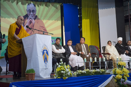His Holiness the Dalai Lama speaking at an interfaith meeting in Shillong, Meghalaya, India on February 5, 2014. Photo/Tenzin Choejor/OHHDL