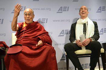 His Holiness the Dalai Lama and AEI President Arthur Brooks during their discussion on "Happiness, Free Enterprise and Human Flourishing" at the American Enterprise Institute in Washington DC on February 19, 2014. Photo/Patrick G. Ryan
