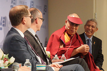 His Holiness the Dalai Lama speaking during a panel discussion with members of the American Enterprise Institute in Washington DC on February 20, 2014. Photo/Jeremy Russell/OHHDL