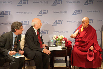 Richard Davidson, Arthur Zajoric and His Holiness the Dalai Lama during the panel discussion on "Unlocking the Mind and Human Happiness" at the American Enterprise Institute in Washington DC on February 20, 2014. Photo/Jeremy Russell/OHHDL