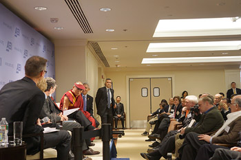His Holiness the Dalai Lama listening to comments by fellow panel members during the discussion co-hosted by the Mind and Life Institute held at the American Enterprise Institute in Washington DC on February 20, 2014. Photo/Jeremy Russell/OHHDL