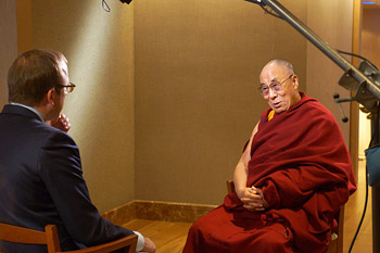 His Holiness the Dalai Lama being interviewed by Jonathan Karl for ABC TV in Washington DC on February 20, 2014. Photo/Jeremy Russell/OHHDL