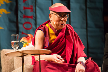 His Holiness the Dalai Lama speaking at Davies Symphony Hall in San Francisco, California on February 22, 2014. Photo/American Himalayan Foundation