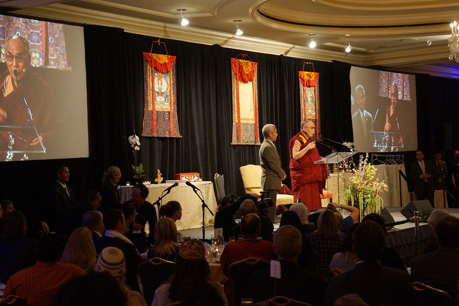 His Holiness the Dalai Lama speaking at the Unsung Heroes of Compassion event at the Ritz Carlton hotel in San Francisco, California on February 23, 2014. Photo/Jeremy Russell
