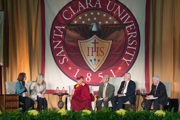 His Holiness the Dalai Lama and fellow panelists during the afternoon discussion on 'Compassion and Business' in Santa Clara, California on February 24, 2014. Photo/Charles Barry