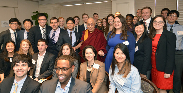 His Holiness the Dalai Lama with students and potential future leaders after their meeting at the American Enterprise Institute in Washington DC on February 19, 2014. Photo/Patrick G. Ryan