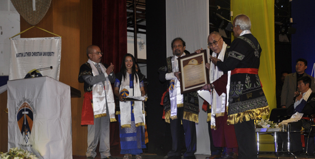 His Holiness the Dalai Lama being conferred an honorary doctorate at the 6th convocation ceremony of Martin Luther Christian University in Shillong on 3 February 2013