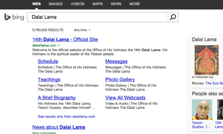 Search results on Bing for ‘Dalai Lama’ in English. Photograph: Guardian