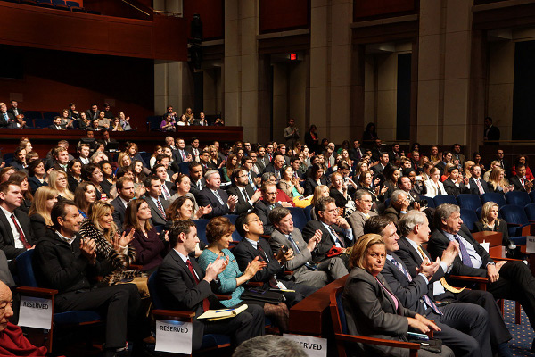 Congressional staff members listening to His Holiness the Dalai Lama speaking at the Congressional Visitors' Center Auditorium during his visit to Capitol Hill in Washington DC on March 6, 2014. Photo/Jeremy Russell/OHHDL