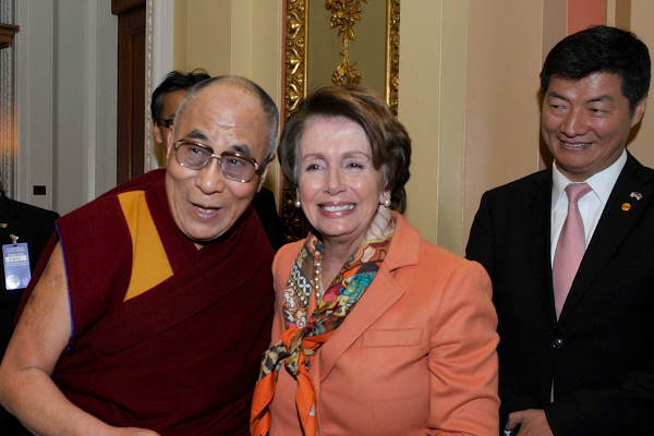 His Holiness the Dalai Lama with House Minority Leader Nancy Pelosi (D-CA) and the elected leader of the Central Tibetan Administration Sikyong Dr Lobsang Sangay during their visit to Capitol Hill in Washington DC on March 6, 2014. Photo/Sonam Zoksang