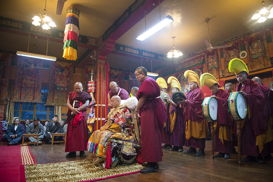 he Nechung Oracle preparing to enter into trance during the Long Life Prayer for His Holiness the Dalai Lama at Nechung Monastery in Dharamsala, India on March 11, 2014. Photo/Tenzin Choejor/OHHDL