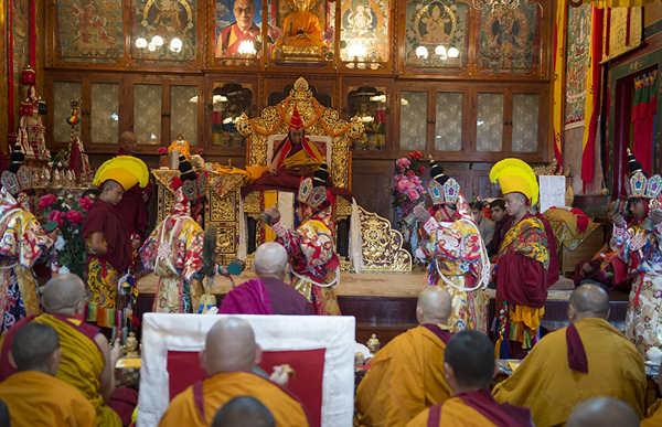 Monks performing ritual dance during the Long Life Prayer for His Holiness the Dalai Lama at Nechung Monastery in Dharamsala, India on March 11, 2014. Photo/Tenzin Choejor/OHHDL