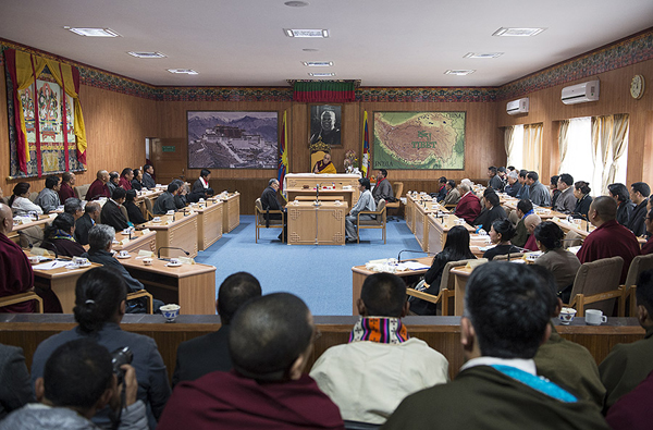 His Holiness the Dalai Lama speaking during his visit to the newly reconstructed Tibetan Parilament-in-Exile building in Dharamsala, India on March 11, 2014. Photo/Tenzin Choejor/OHHDL