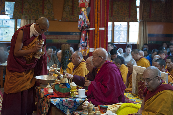 Senior monks performing rituals during the Long Life Prayer for His Holiness the Dalai Lama at Nechung Monastery in Dharamsala, India on March 11, 2014. Photo/Tenzin Choejor/OHHDL