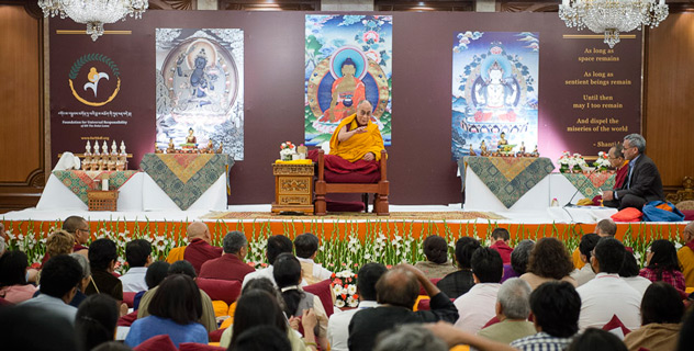 His Holiness the Dalai Lama speaking during his teaching in New Delhi, India on March 21, 2014. Photo/Tenzin Choejor/OHHDL