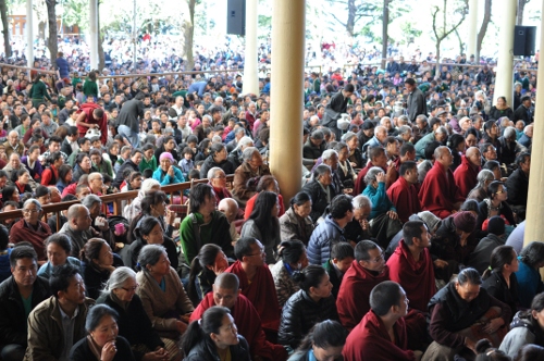 local Tibetans and foreign devotees receiving the empowerment prayer from His Holiness the Dalai Lama on 31 March 2014. DIIR Photo/ Tenzin Phende