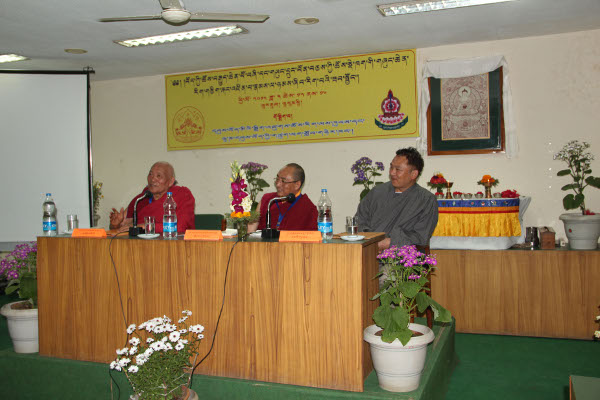 Geshe Yeshe Thapgay, Geshe Nagwang Samten (centre) and Mr. Thupten Tsering of the Department of Religion at the workshop.