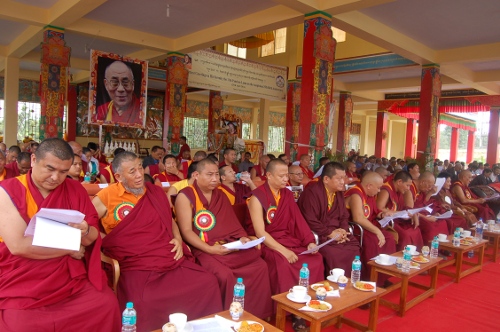 Senior monks from various Tibetan monasteries at the 25th birthday commemoartion of the 11th Panchen Rinpoche, 25 April 2014.