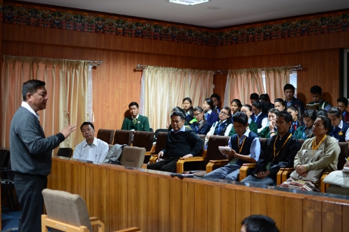 Mr. Penpa Tsering, Speaker of the Tibetan Parliament-in-Exile speaking to the Tibetan school prefects in side the Tibetan parliament house, DIIR Photo/ Tenzin Phende