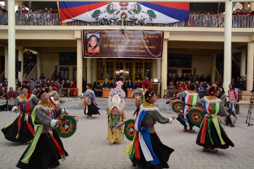 Tibetan students performing an acrobatic dance at the 25th birth anniversary of the 11th Panchen Rinpoche. DIIR Photo/ Tenzin Phende