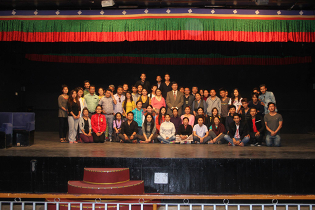 Sikyong Dr. Lobsang Sangay with staff and artists at the Tibetan Institute of Performing Arts in Dharamsala, India, on 5 May 2014/Photo/TIPA
