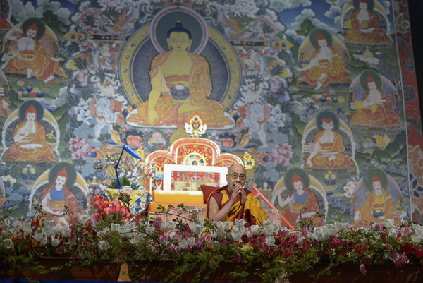 His Holiness the Dalai Lama speaking during the first day of his two day teaching in Riga, Latvia on May 5, 2014. Photo/Tenzin Choejor/OHHDL
