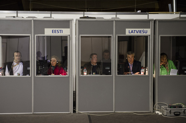 Estonian, Latvian, Russian and English interpreters working during the first day of His Holiness the Dalai Lama's two day teaching in Riga, Latvia on May 5, 2014. Photo/Tenzin Choejor/OHHDL