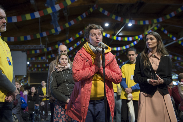 A member of the audience asking His Holiness the Dalai Lama a question during the first day of His Holiness the Dalai Lama's two day teaching in Riga, Latvia on May 5, 2014. Photo/Tenzin Choejor/OHHDL