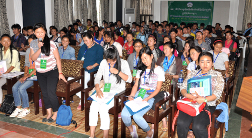 Students participating in the orientation program for class 12 graduate at Nyatri Hall on 2 May 2014. DIIR Photo/ Tenizn Phende