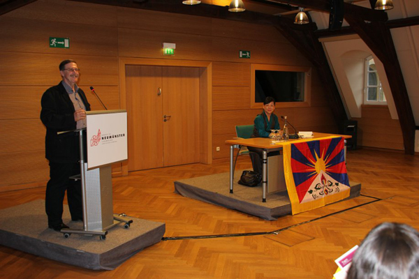 Kalon Dicki Chhoyang addressing a press conference on the Middle-Way Approach in Luxembourg on 21 May 2014