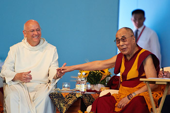 His Holiness the Dalai Lama with his old Fr. Laurence Freeman, Director of The World Community for Christian Meditation, during the program at Istituto Lama Tzong Khapa (ILTK) in Pomaia, Tuscany, Italy on June 13, 2014. Photo/Olivier Adam