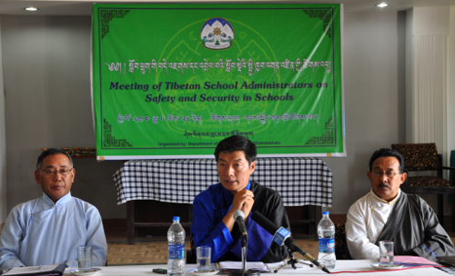 Sikyong Dr.Lobsang Sangay at the inaugural session of the day-long meeting on safety and security in Tibetan schools. Also seen: Education Secretary Ngodup Tsering (left) and Education Secretary Topgyal Tsering (right).