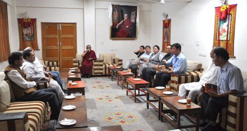 Sikyong Dr.Lobsang Sangay and members of the Kashag with Indresh Kumar after the luncheon at the Kashag building.