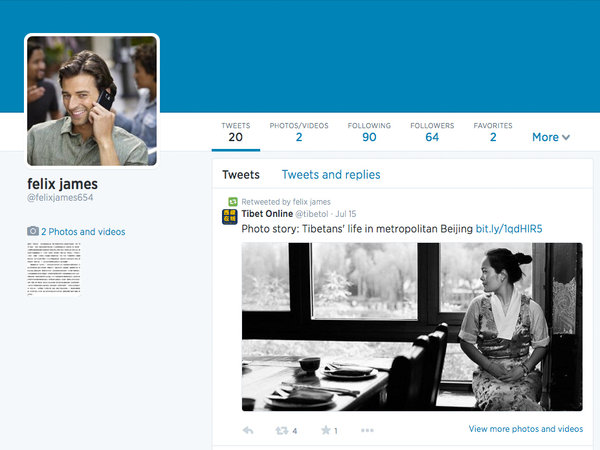 The Twitter page for Felix James, one of nearly 100 similar sham accounts identified by Free Tibet, an advocacy group based in London.