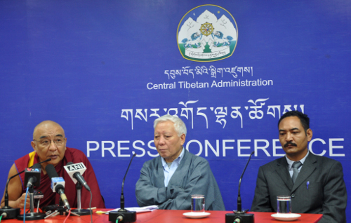 From left: Thomtok tulku, abbot of Namgyal Monastery, Dhondup Dorjee, Secretary of the Religion and Culture; and Tempey Ngodup, Chairman of Domey Association at the press conference today, 28 July 2014. (DIIR Photo/Tenzin Phende)