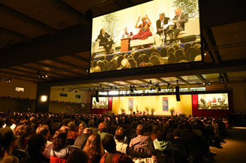 View of the stage at the Congress Center during the morning session of His Holiness the Dalai Lama's talk in Hamburg, Germany on August 23, 2014. Photo/Manuel Bauer