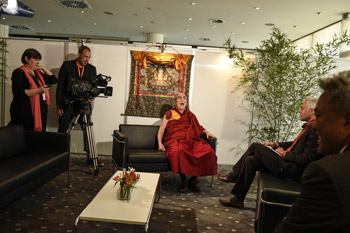 His Holiness the Dalai Lama being interviewed by Matthias von Hein of Deutsche Welle TV in Hamburg, Germany on August 23, 2014. Photo/Manuel Bauer