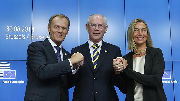 Newly elected European Council President Donald Tusk (L) and newly elected European High Representative for Foreign Affairs Minister Federica Mogherini with European Council President Herman Van Rompuy, (C) at a EU summit in Brussels on 30 August 2014/Photo/Euro News