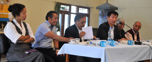 Sikyong Dr.Lobsang Sangay addressing the participants of the training. From left: Ms. Tenzin Tsering, Mr. Tenzin Dhoden (Acting Director of Reception Centre), Secretary Migyur Dorjee, Sikyong Dr. Lobsang Sangay, Mr. Jhetung Tenzin, and Mr. Jampel Choesang.