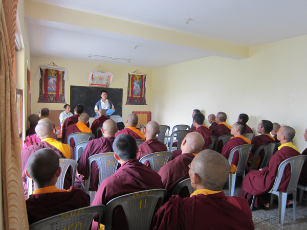 Information Secretary Tashi Phuntsok speaking on the Middle Way Approach to the monks at Palyul Choekhorling in Bir in Himachal Pradesh on 5 August 2014