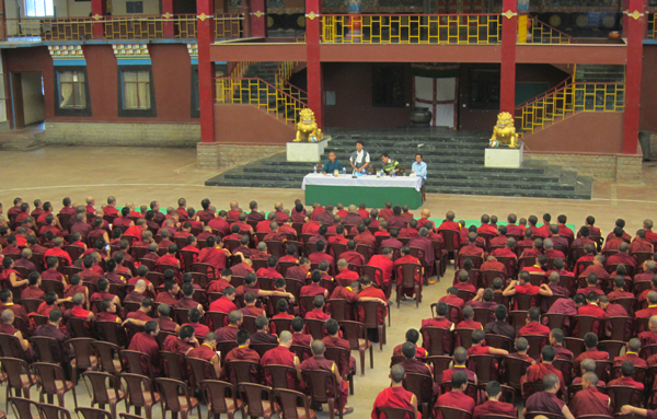 Information Secretary Tashi Phuntsok speaking on the Middle Way Approach to the monks at Palpung Sherabling in Bir in Himachal Pradesh on 6 August 2014