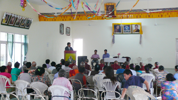 Information Secretary Tashi Phuntsok speaking to the Tibetan community at Tashi Jong near Dharamsala on 4 August 2014