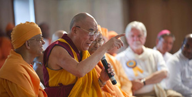 His Holiness the Dalai Lama speaking at an All Faiths Prayer Meeting at the Ramakrishna Mission in New Delhi, India, on September 11, 2012. Photo/Tenzin Choejor/OHHDL