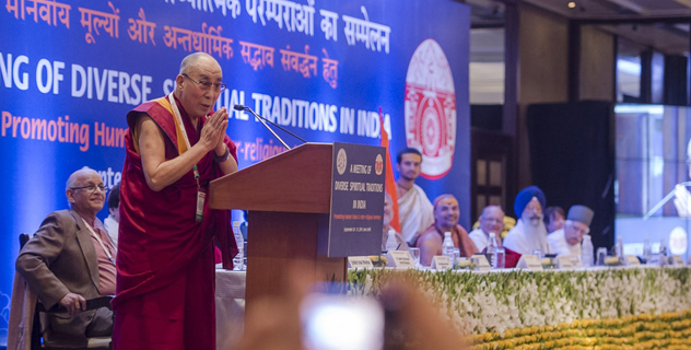 His Holiness the Dalai Lama delivering his opening remarks during the Inaugural Ceremony of 'A Meeting of Diverse Spiritual Traditions in India' in New Delhi, India on September 20, 2014. Photo/Tenzin Choejor/OHHDL