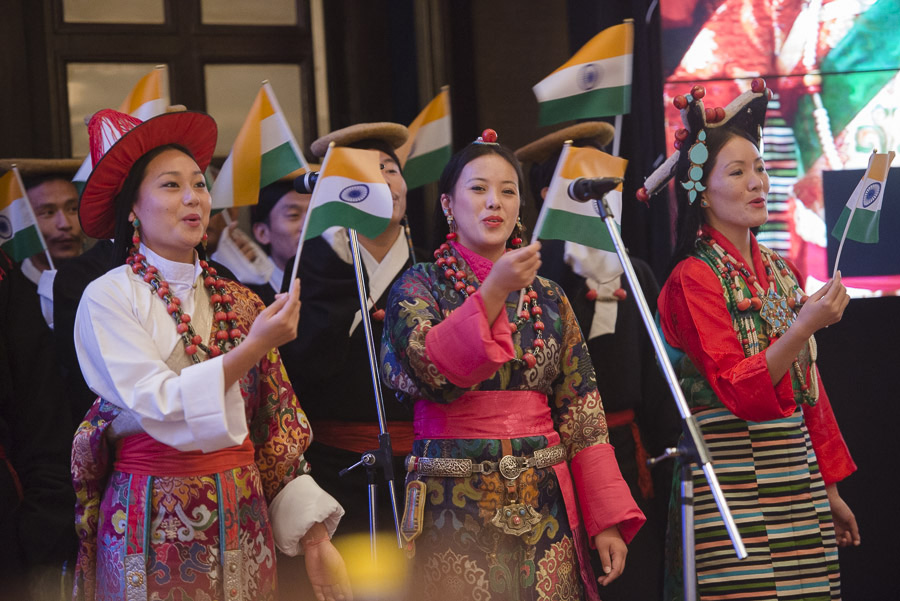Members of the Tibetan Institute of Performing Arts singing the song 'Thank You India' at the conclusion of the Closing Ceremony of the Meeting of Diverse Spiritual Traditions in New Delhi, India on September 21, 2014. Photo/Tenzin Choejor/OHHDL