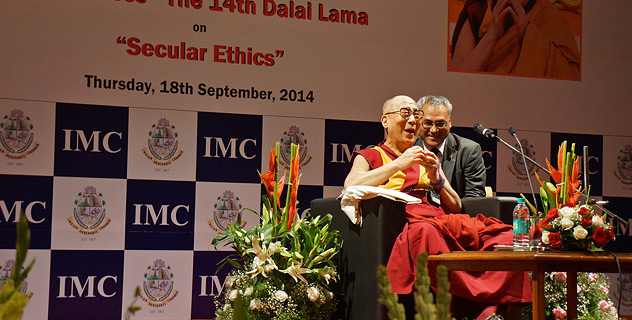 His Holiness the Dalai Lama during the 108th Foundation Day of the Indian Merchants' Chamber (IMC) and the Ladies' Wing of the IMC in Mumbai, India on September 18, 2014. Photo/Jeremy Russell/OHHDL