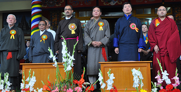 Mr Ravi Thakur (3rd left), Member of Legislative Assembly and Vice-Chairman of the Government of India's National Commission for Scheduled Tribes, with leaders of the three pillars of Tibetan democracy on the occasion of the 54th Tibetan Democracy Day in Dharamshala, India, on 2 September 2014/DIIR Photo