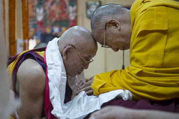 His Holiness the Dalai Lama with Kewtsang Rinpoche during the Long-Life Ceremony held at the Main Tibetan Temple in Dharamsala, HP, India on October 8, 2014. Photo/Tenzin Choejor/OHHDL