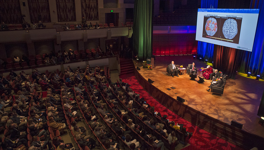 A view of the stage at Alys Robinson Stephens Performing Arts Center at the University of Alabama Birmingham (UAB), venue for the dialogue on Neuroplasticity and Healing with His Holiness the Dalai Lama in Birmingham, Alabama, USA on October 25, 2014. Photo/Steve Wood/UAB Photo