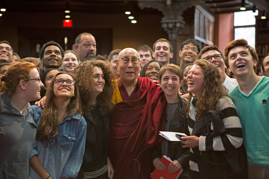 His Holiness the Dalai Lama poses for photos after his interactive session with students at Princeton University's Chancellor Green Library in Princeton, New Jersey on October 28, 2014. Photo/Denise Applewhite